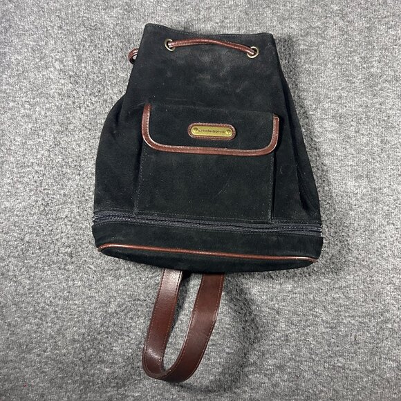 vtg 80s Liz Claiborne 10" drawstring bucket handbag purse black brown suede - Picture 1 of 15